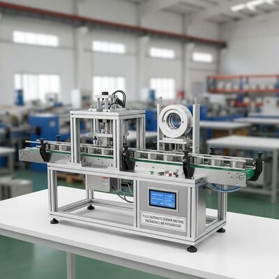 Machine de sertissage entièrement automatique avec un diamètre de sertissage de 45 mm à 130 mm, puissance nominale de 0,14 kW, adaptée à l'intégration dans une ligne d'emballage